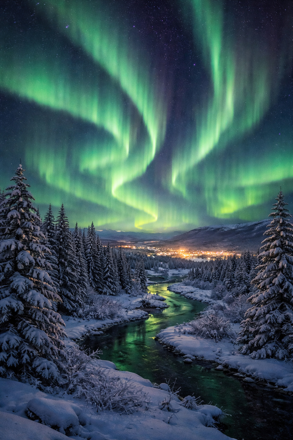 フェアバンクスの空に広がる冬のオーロラ