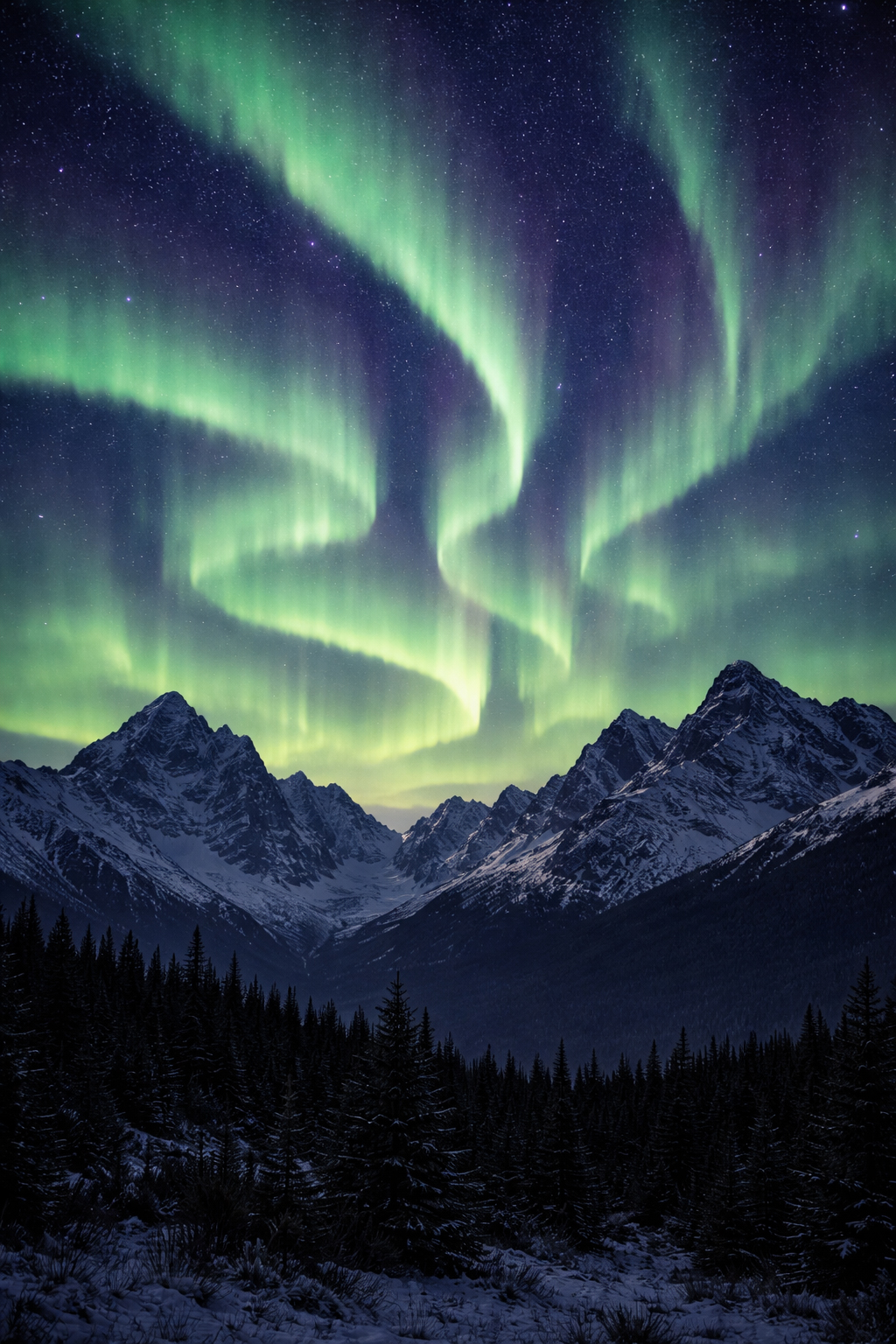 山のシルエットとオーロラ