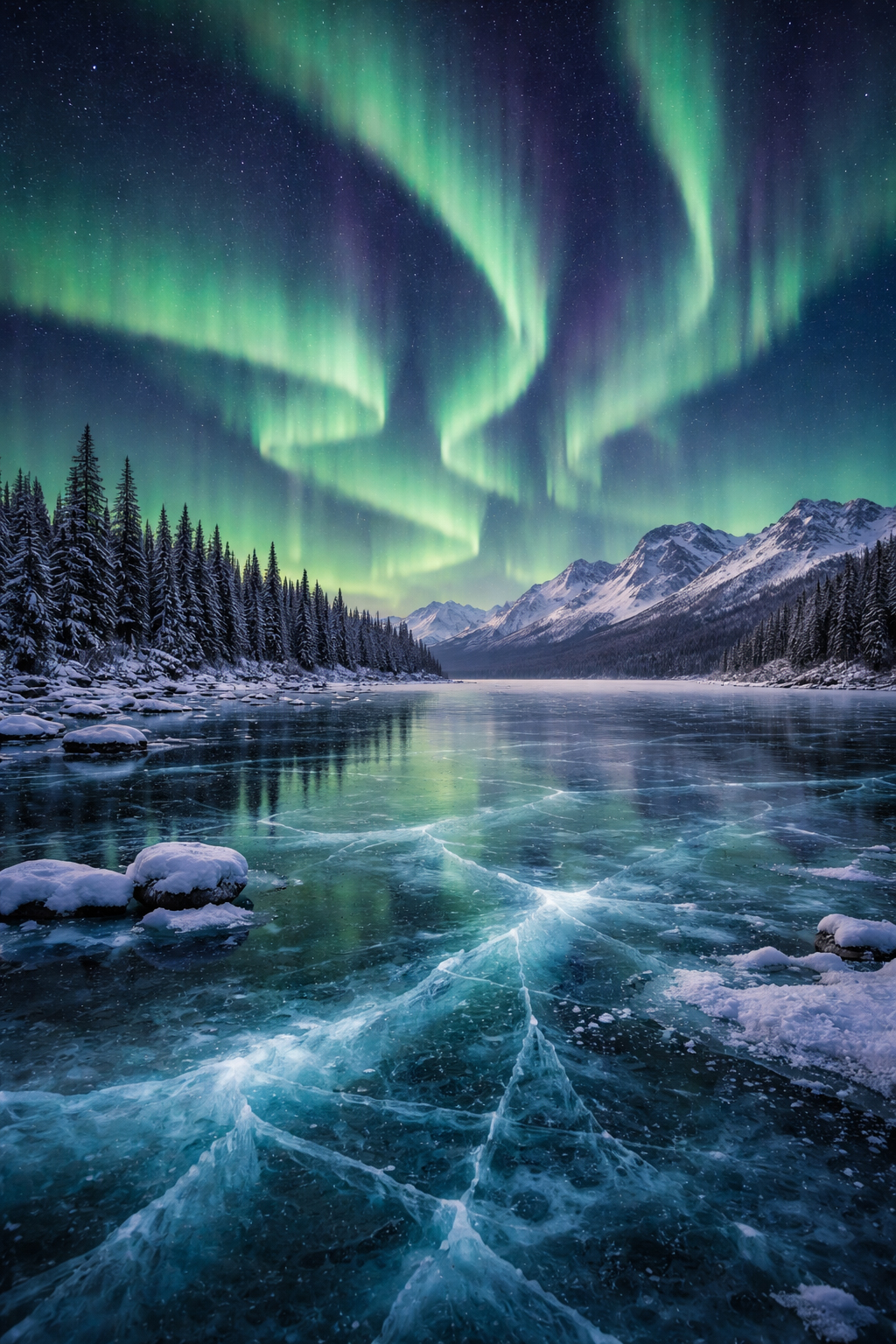 凍った湖の上に広がるオーロラ
