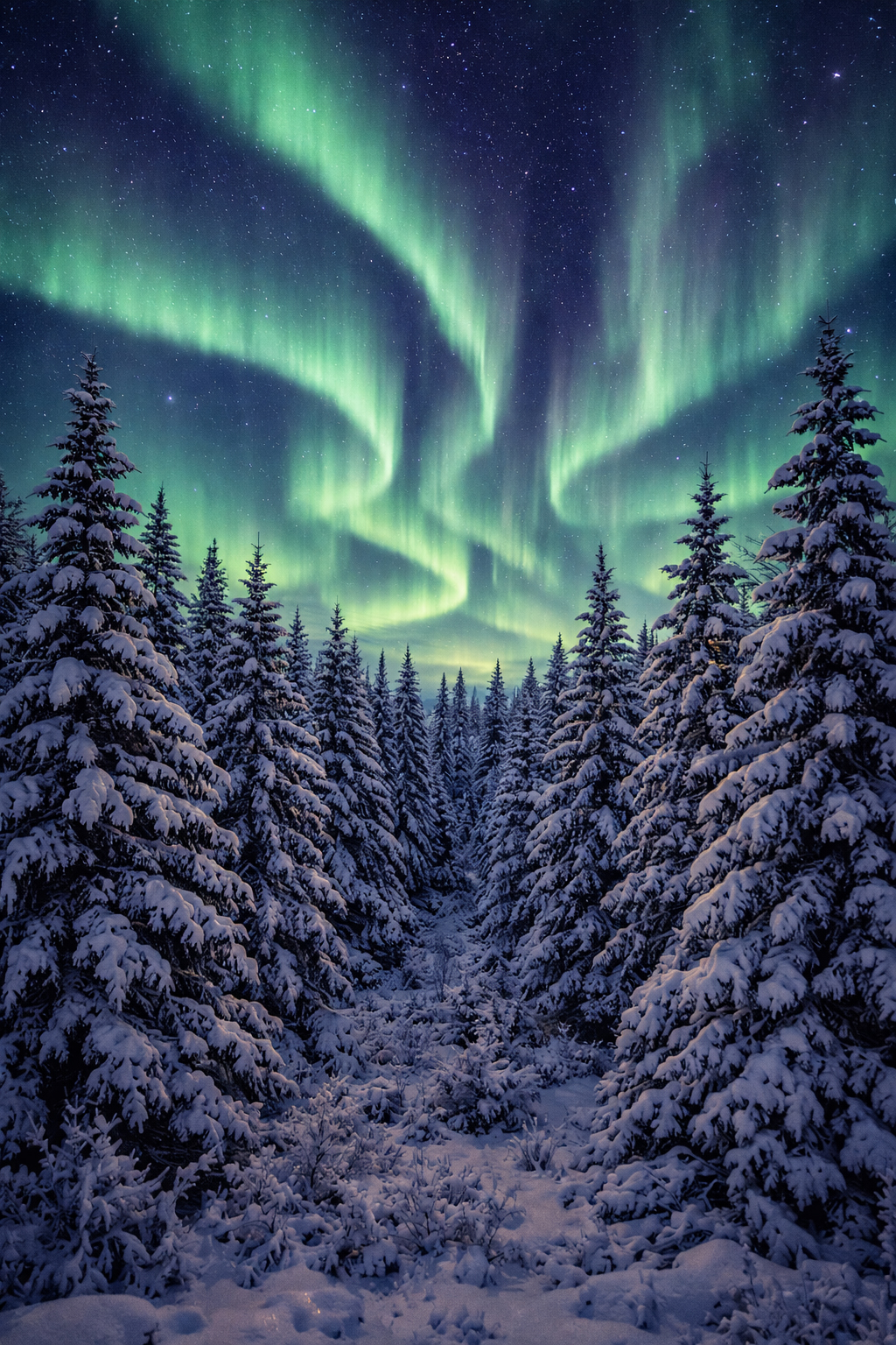 雪の森の上に広がる夜空