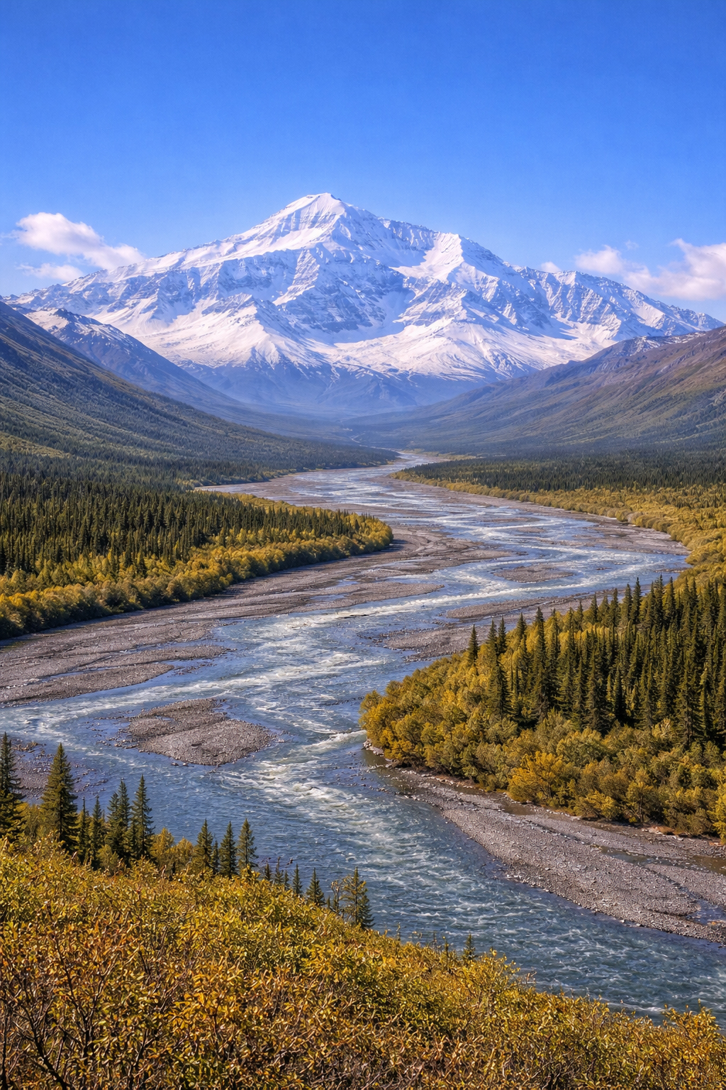 川の谷と広い空の向こうに広がるデナリの風景