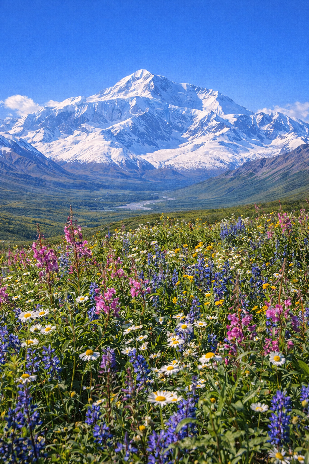 夏の花々とデナリの景色