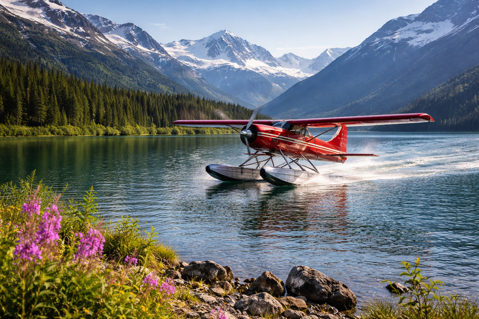 湖に着水するフロートプレーン