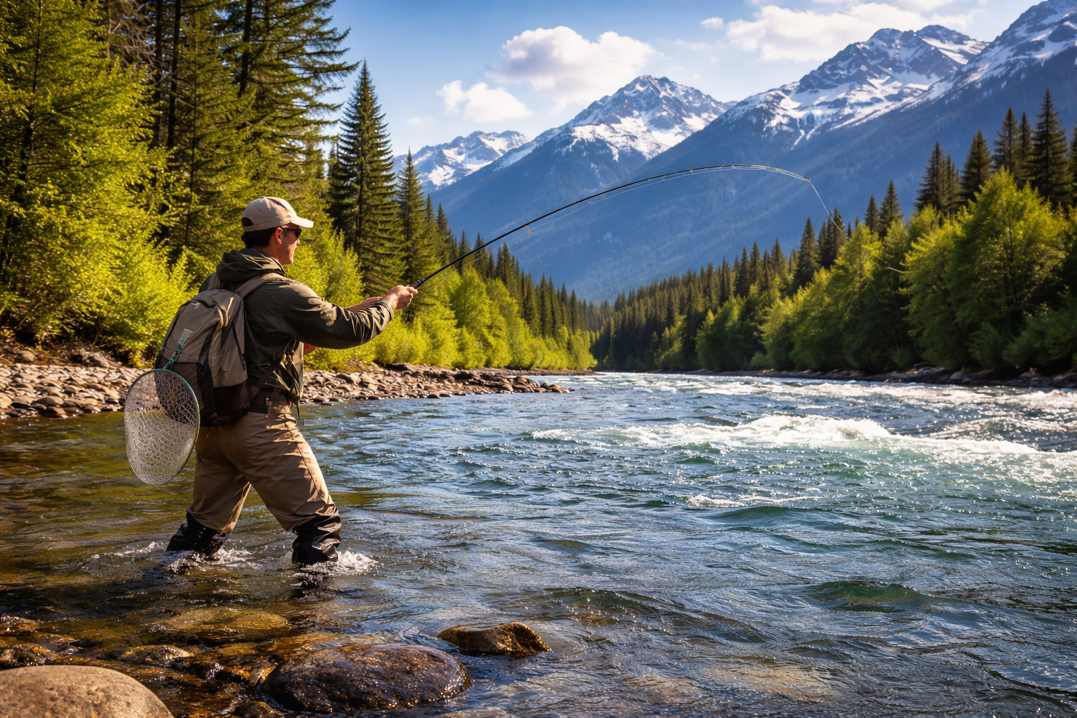 川でフライを投げる釣り人