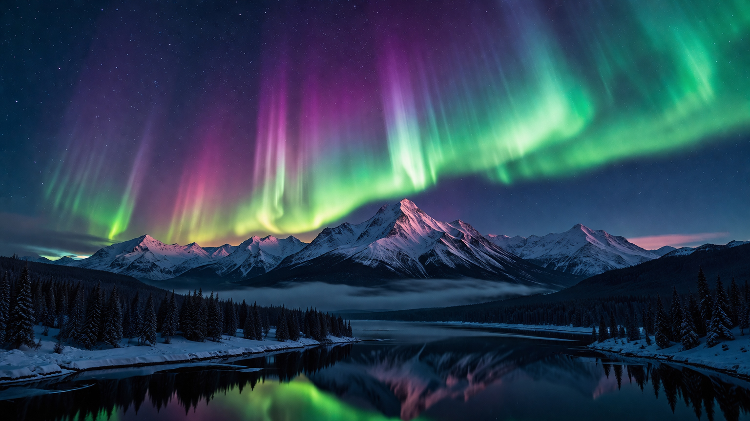 山の上に流れるオーロラ