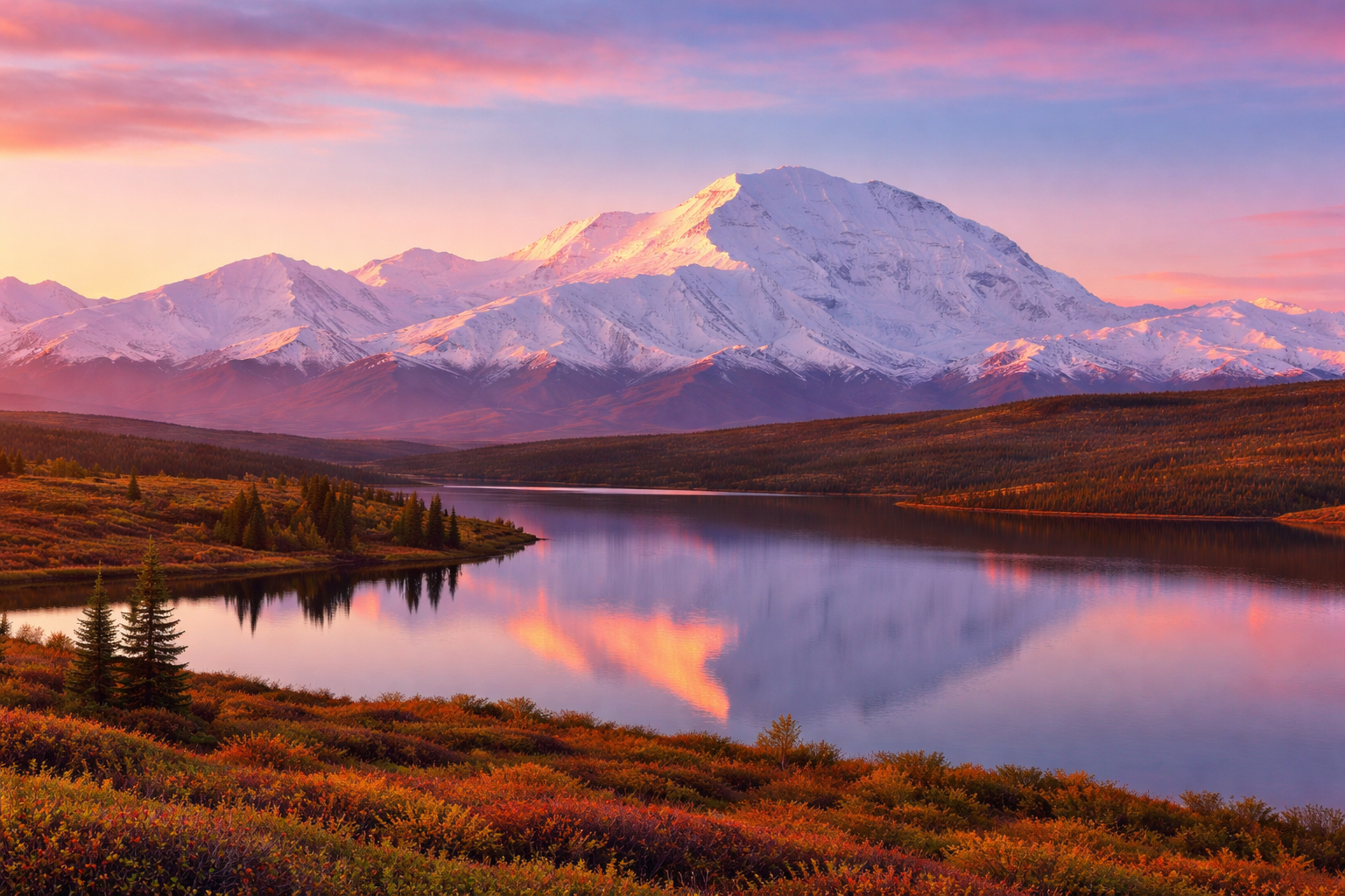 朝焼けの光を受けるデナリ