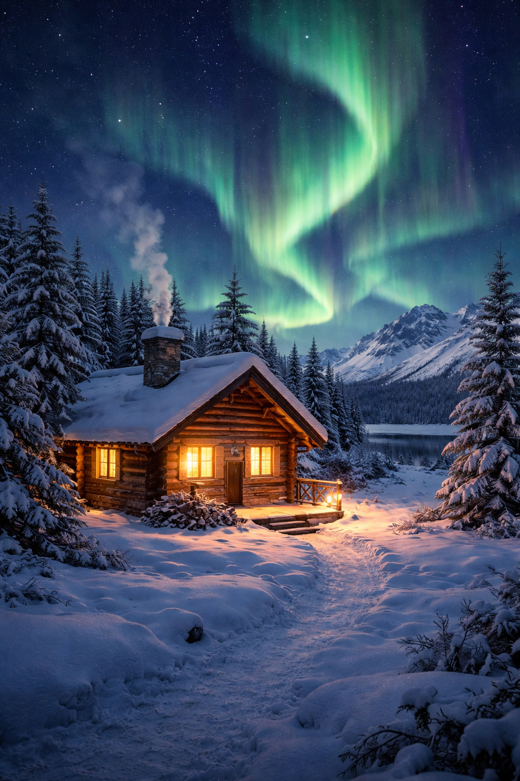 オーロラとキャビンが印象的な冬のアラスカ