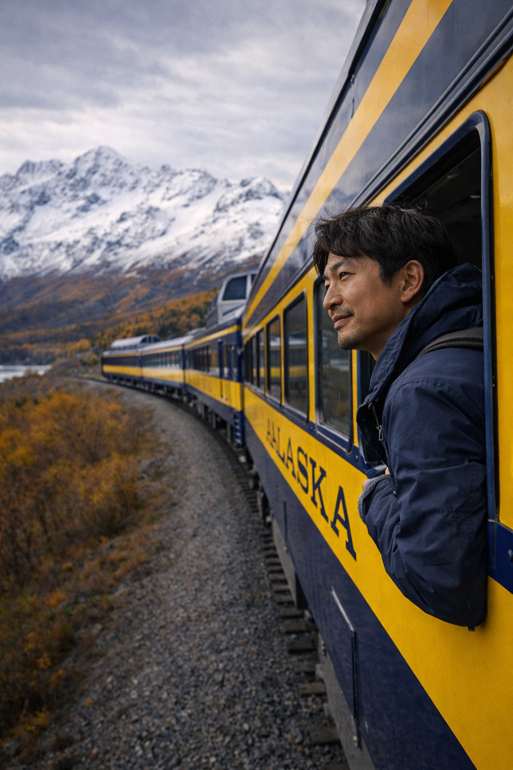 アラスカ鉄道に乗るヒロ