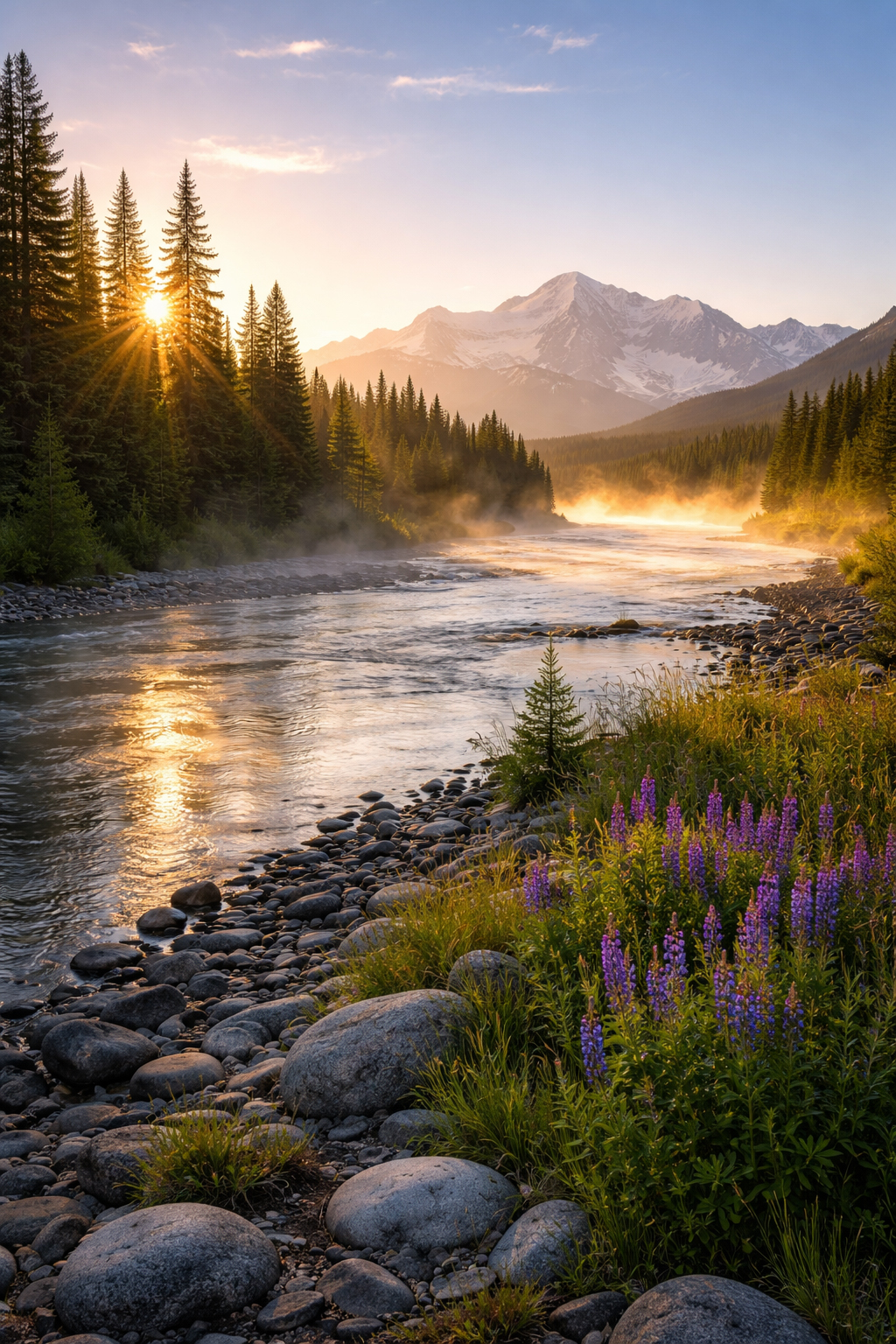 淡い光に包まれた川の朝の景色