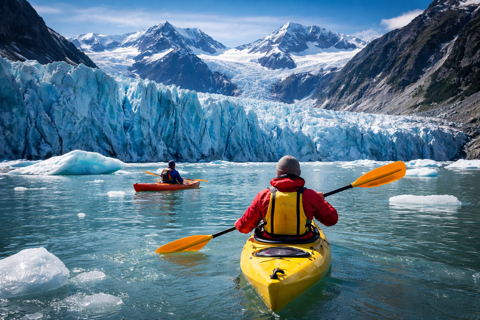 氷河近くを進むカヤック