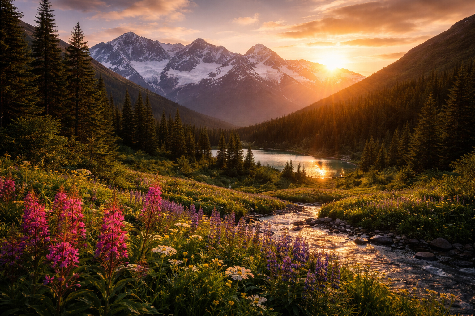 真夜中の太陽に照らされる山々