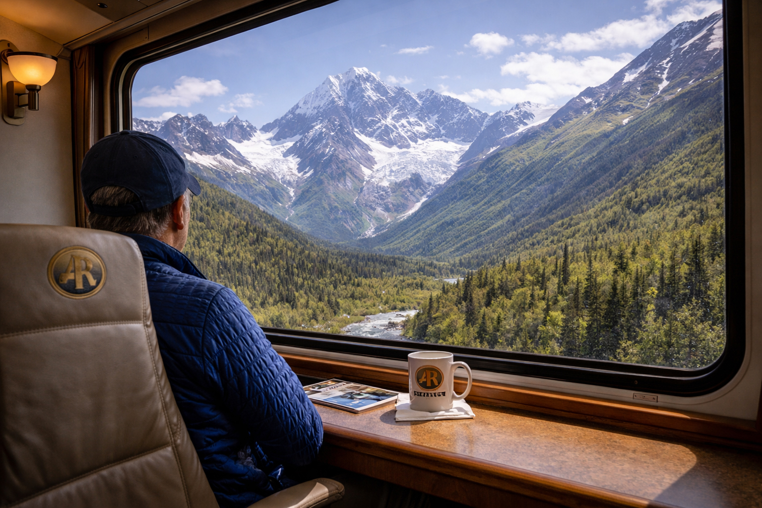山々を望むアラスカ鉄道の車窓