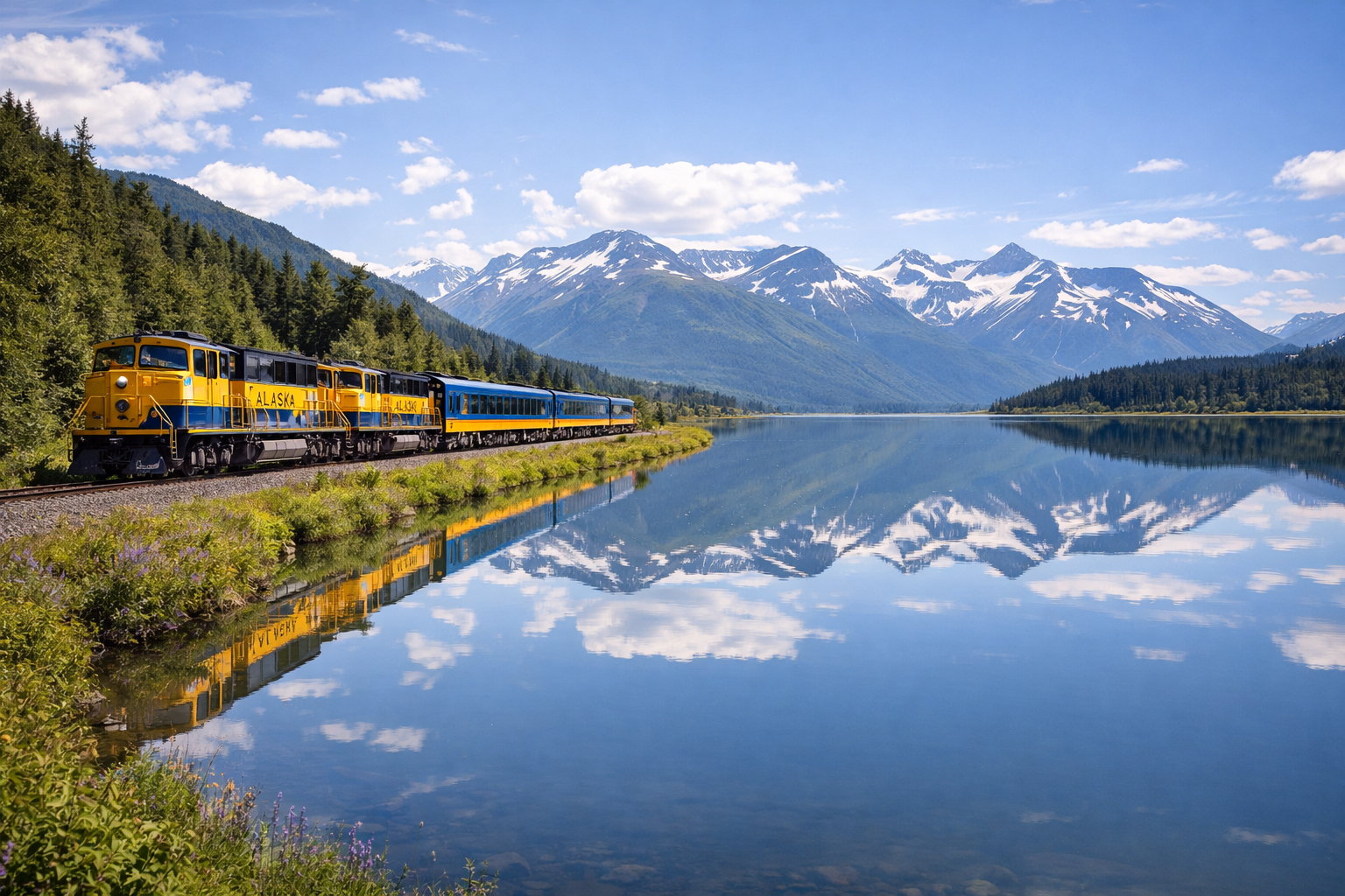 夏のアラスカ鉄道と湖