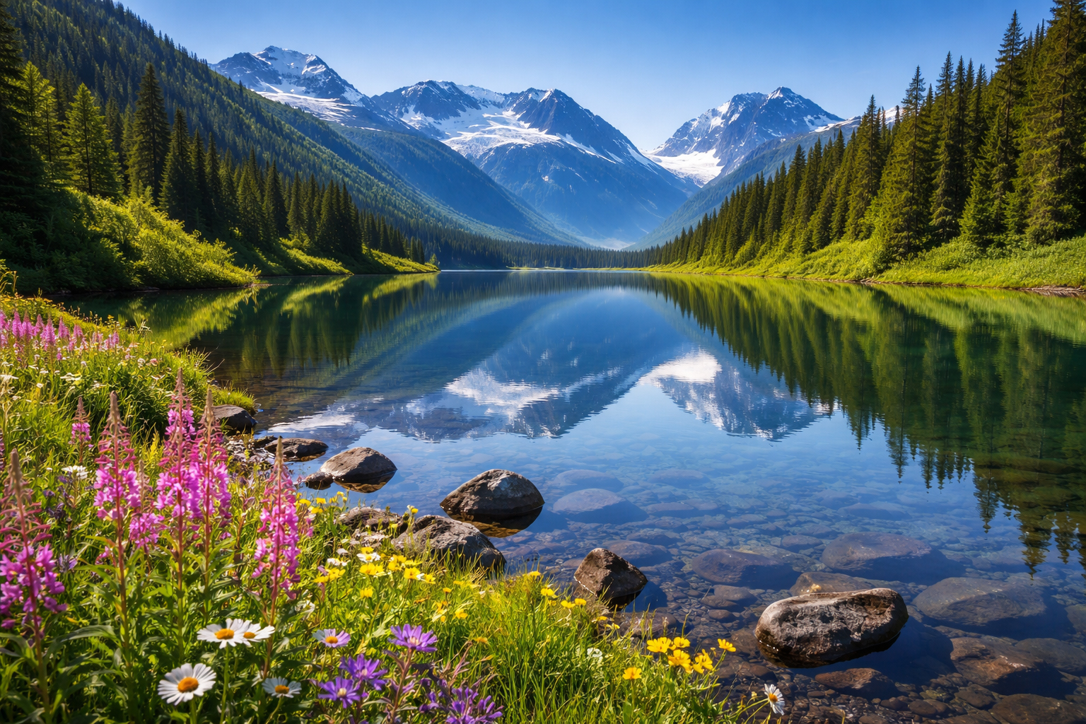 夏のアラスカの湖
