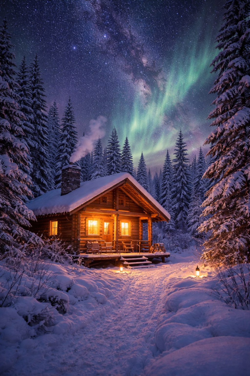 星空の下の冬のアラスカのキャビン