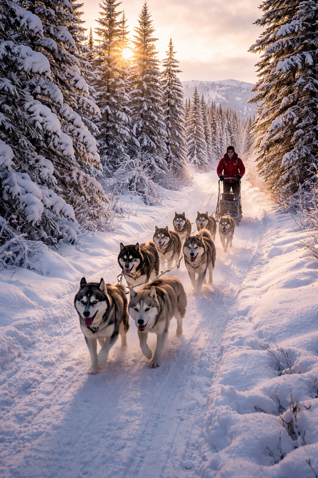 雪のトレイルを走る犬ぞり