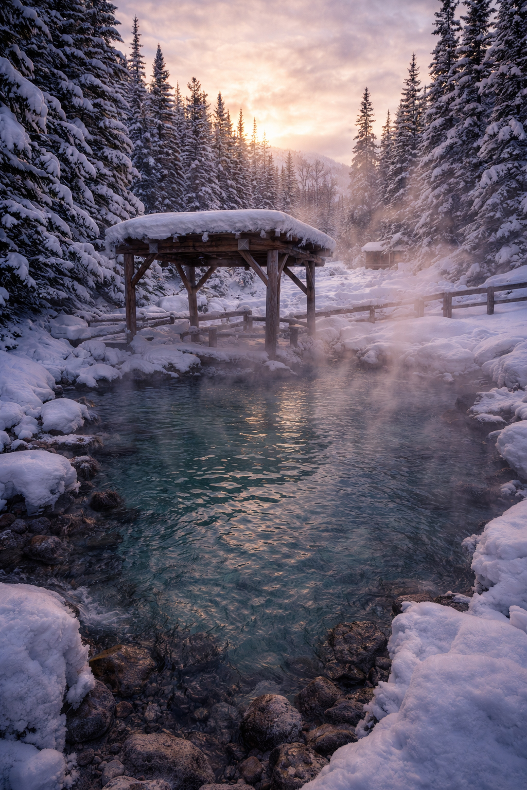 雪の中で湯気が立つ温泉風景