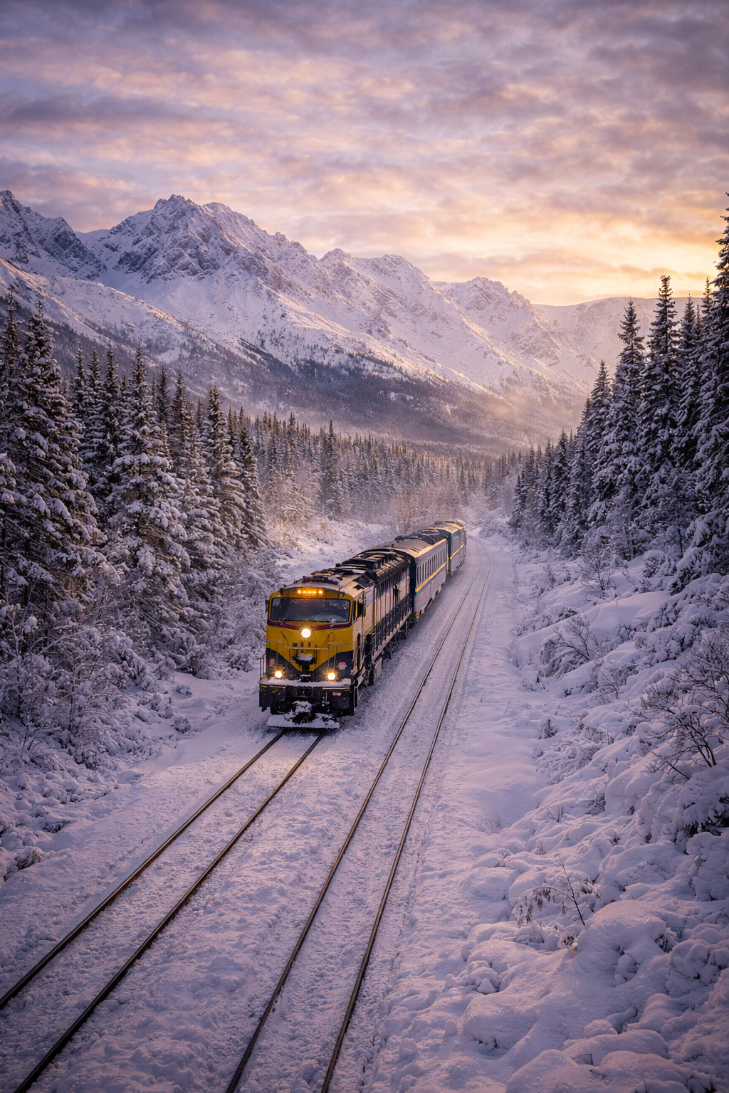 雪景色の中を進む冬のアラスカ鉄道